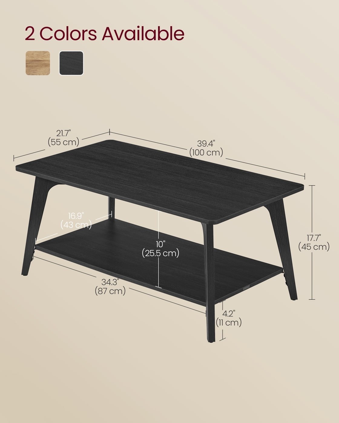 Coffee Table, 2-Tier Living Room Table with Storage, Center Table with Rounded Corners