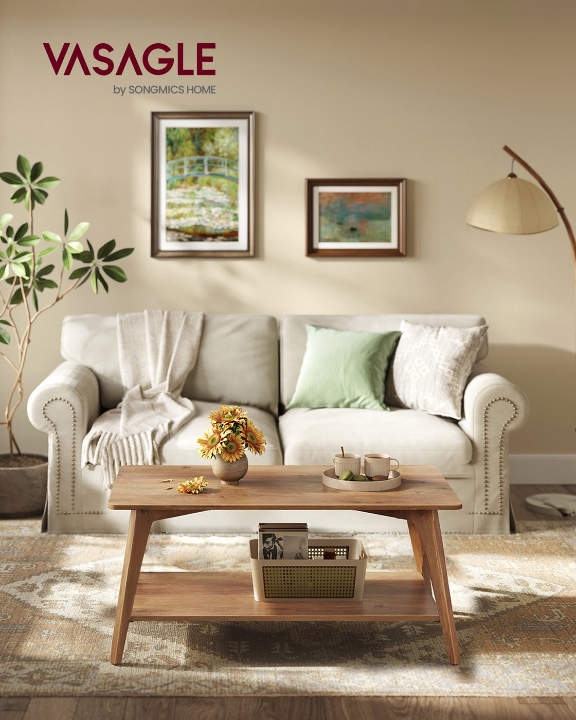 Coffee Table, 2-Tier Living Room Table with Storage, Center Table with Rounded Corners