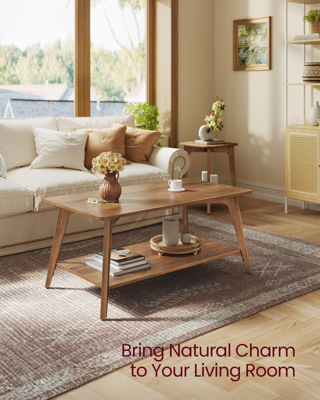 Coffee Table, 2-Tier Living Room Table with Storage, Center Table with Rounded Corners