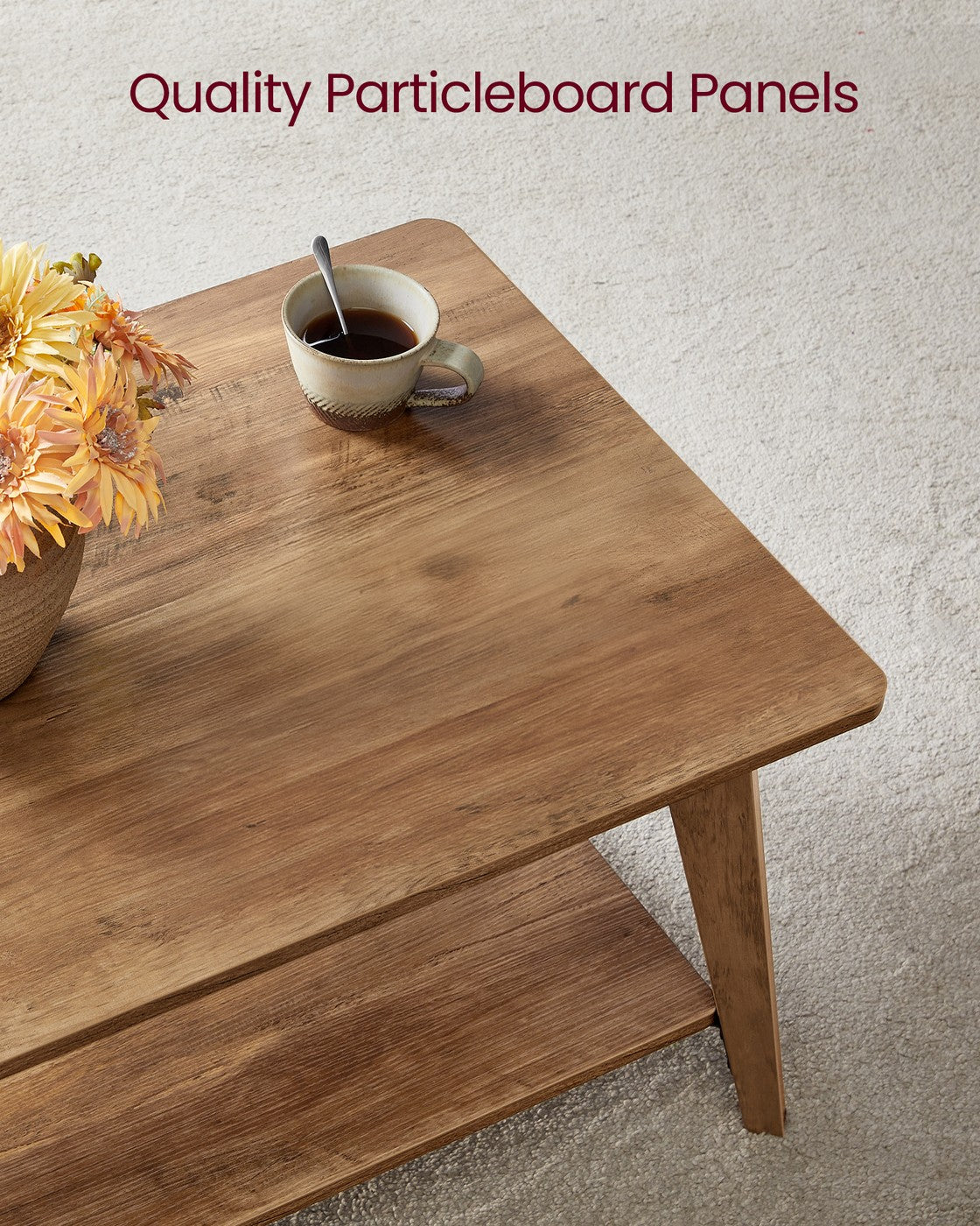 Coffee Table, 2-Tier Living Room Table with Storage, Center Table with Rounded Corners