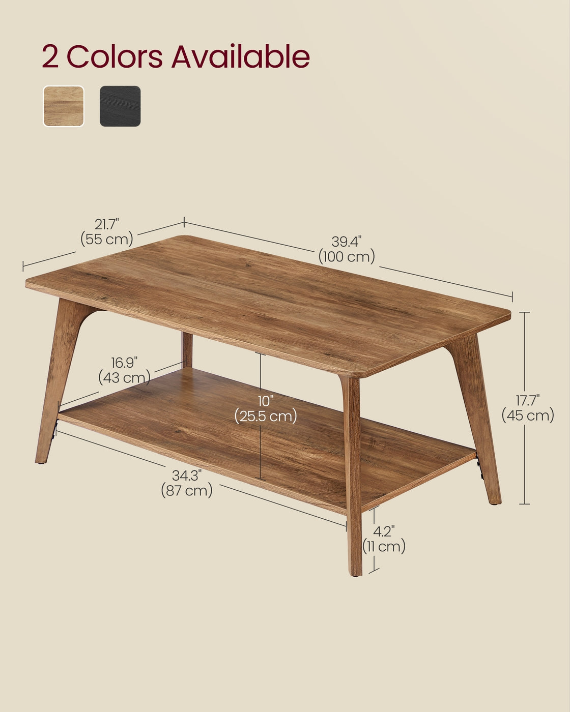 Coffee Table, 2-Tier Living Room Table with Storage, Center Table with Rounded Corners