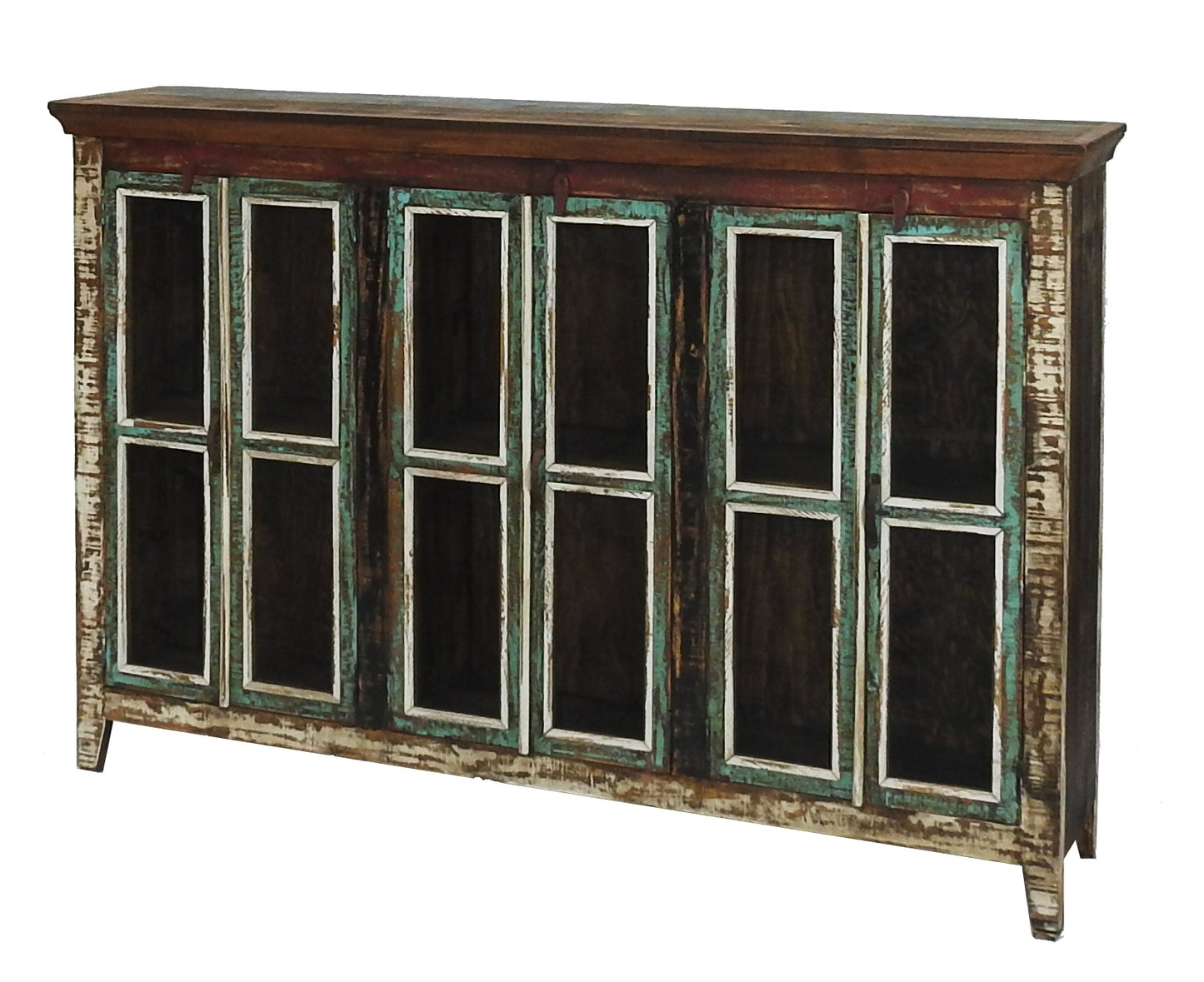 Cabana Large Rustic Glass Cabinet Buffet | Solid Wood Multicolor Sideboard Cabinet with Glass doors