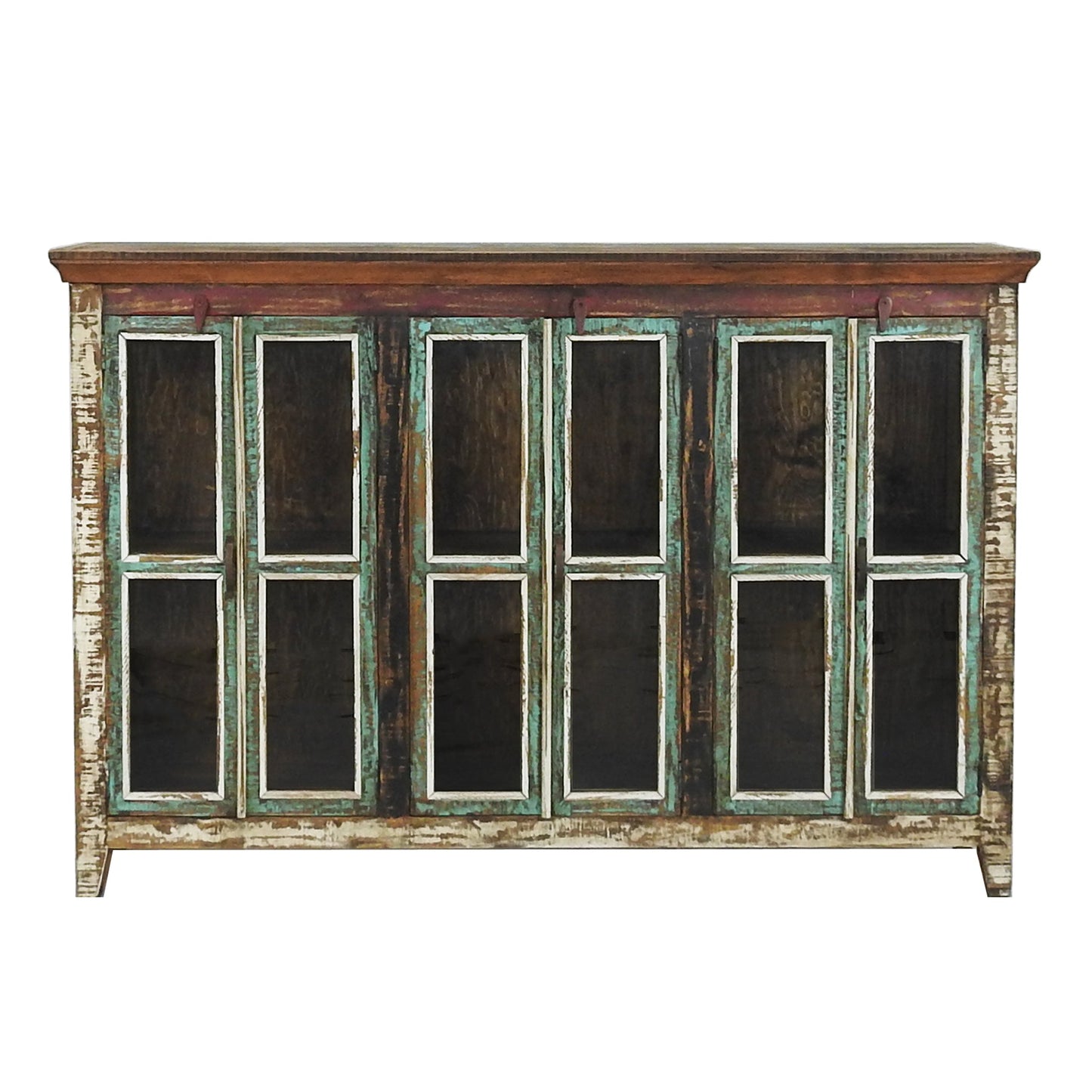 Cabana Large Rustic Glass Cabinet Buffet | Solid Wood Multicolor Sideboard Cabinet with Glass doors
