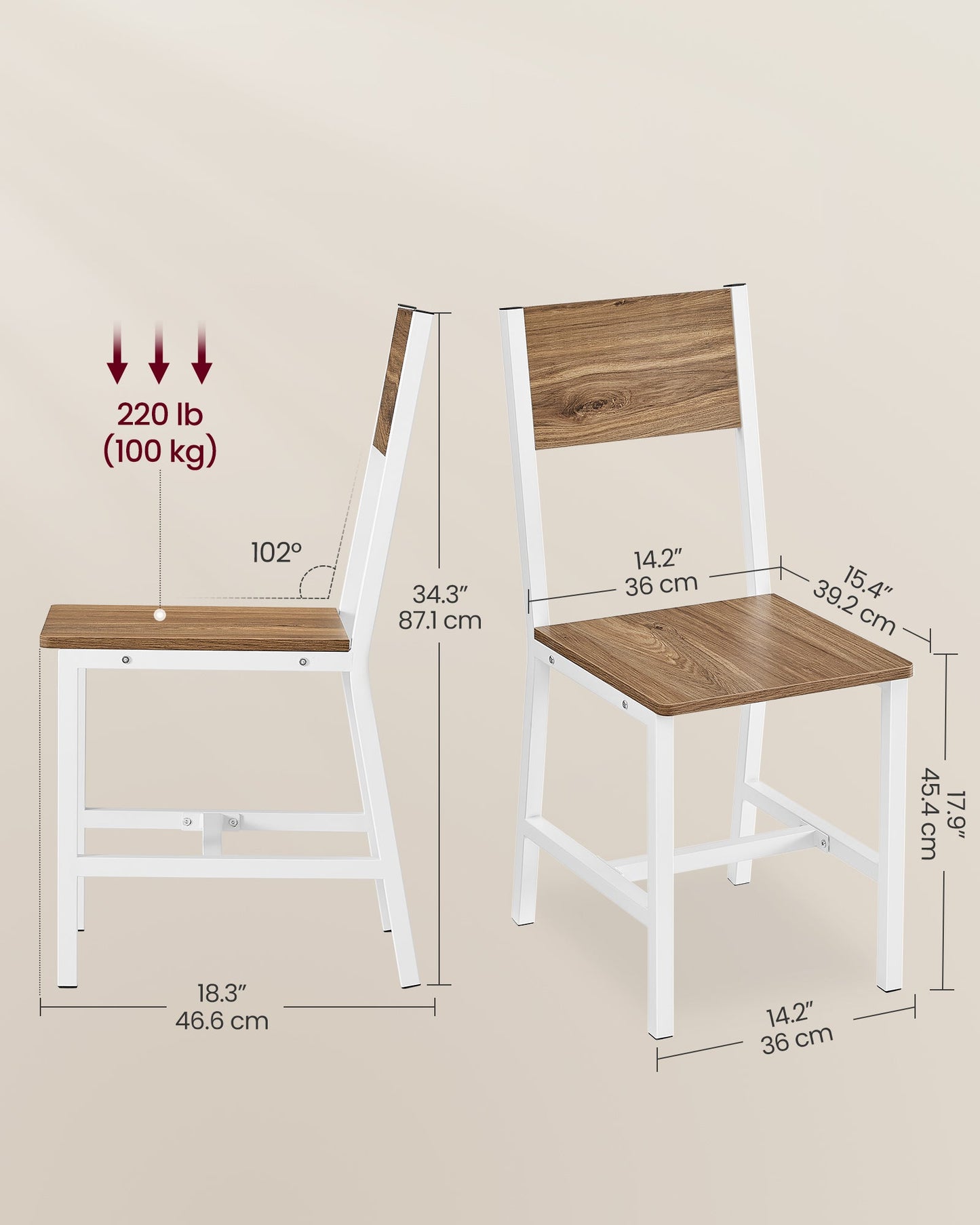 Dining Chair Set of 2, Rustic Wood Chairs with Metal Steel Frame