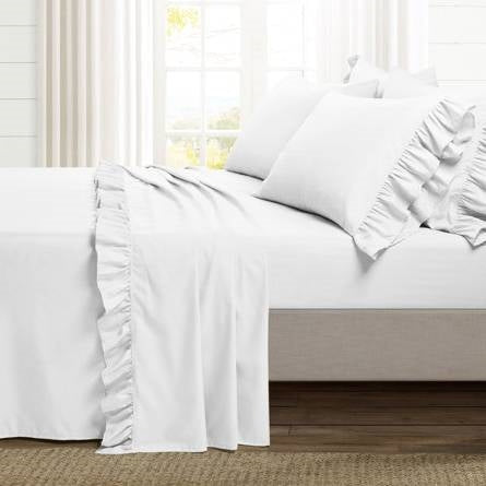 Kingn size 6-Piece White Microfiber Sheet Set with Ruffled Edges