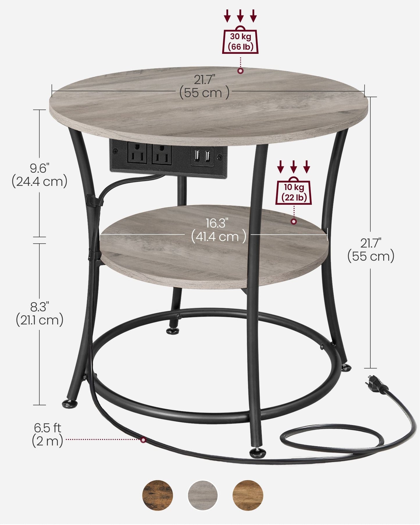 Side Table, 2-Tier Round End Table with Power Outlets