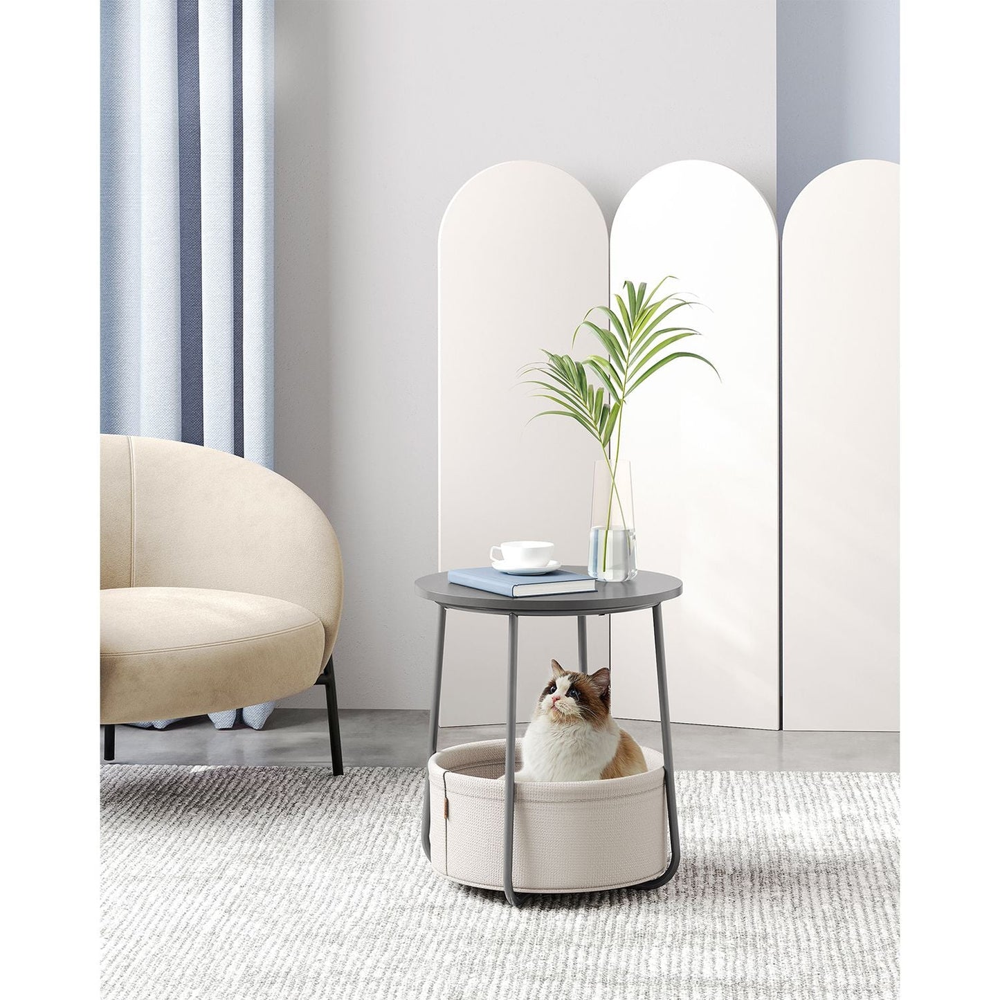 Round Side Table with Fabric Basket Dove Gray and Classic White