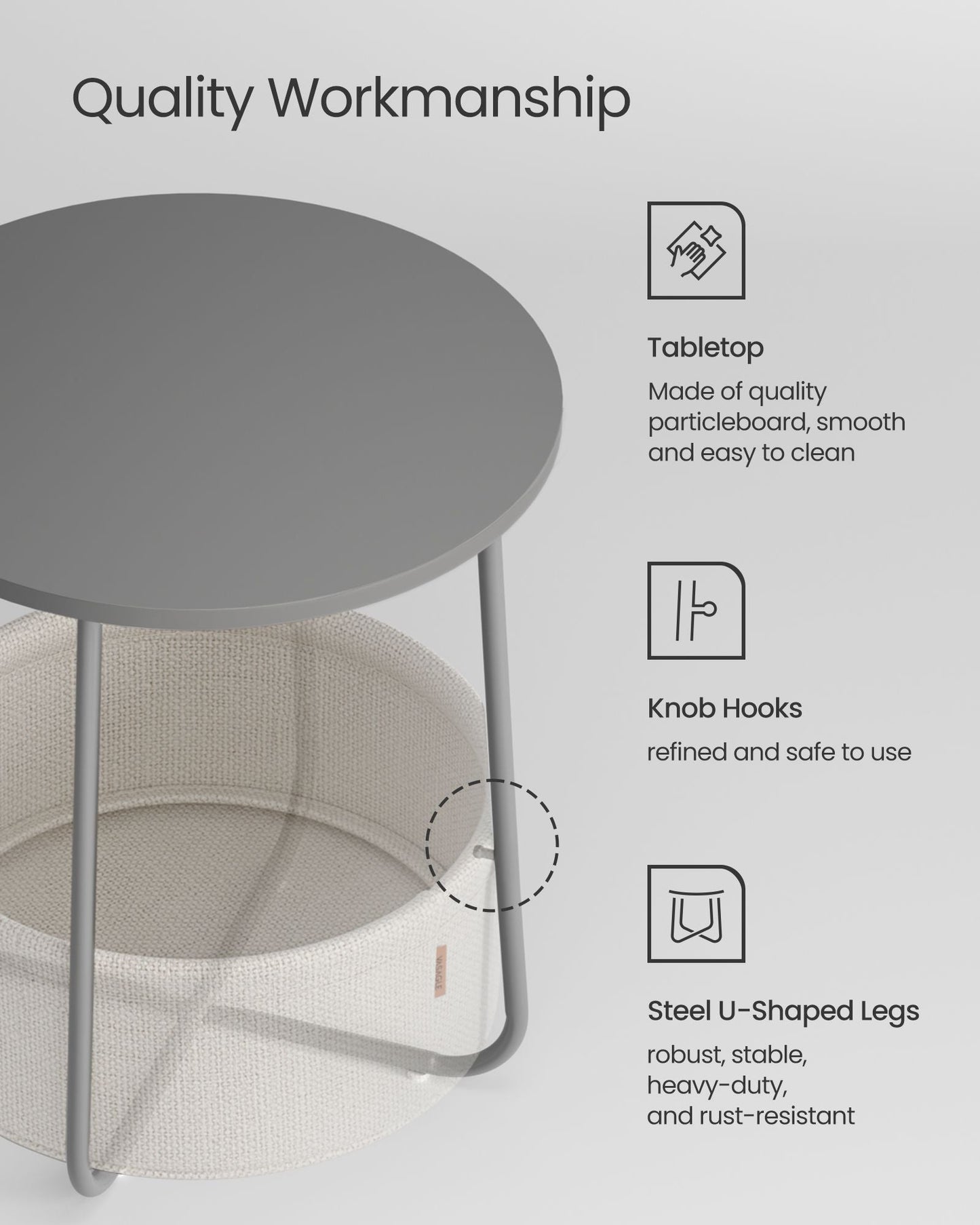 Round Side Table with Fabric Basket Dove Gray and Classic White