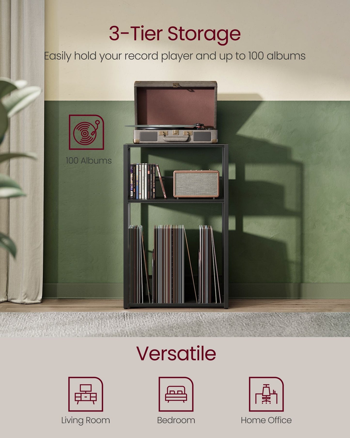 3-Tier Side Table, Vinyl Record Storage up to 100 Albums