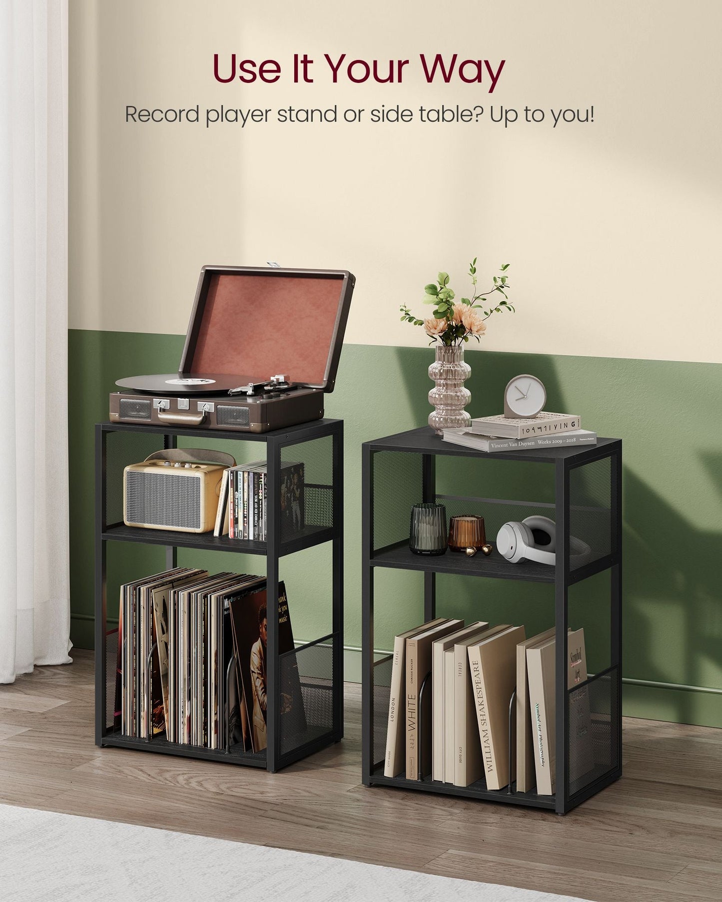 3-Tier Side Table, Vinyl Record Storage up to 100 Albums