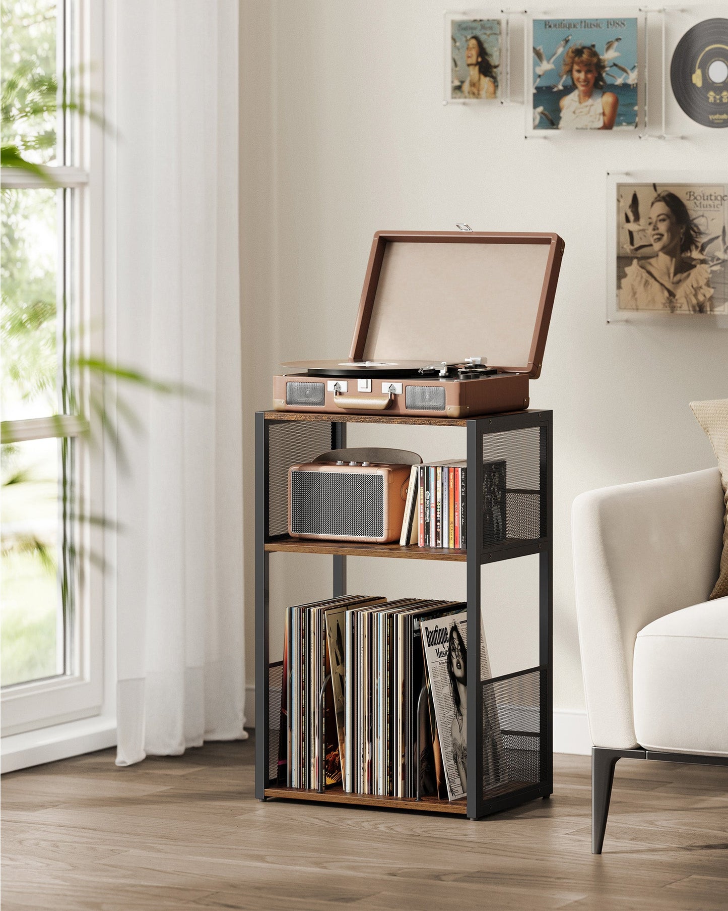 3-Tier Side Table, Vinyl Record Storage up to 100 Albums