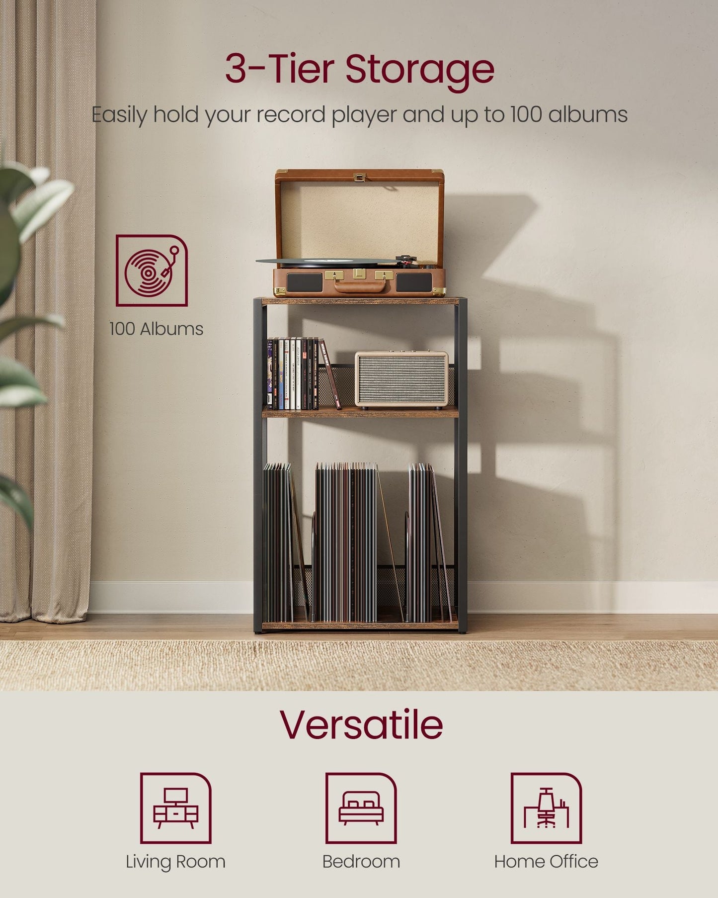 3-Tier Side Table, Vinyl Record Storage up to 100 Albums