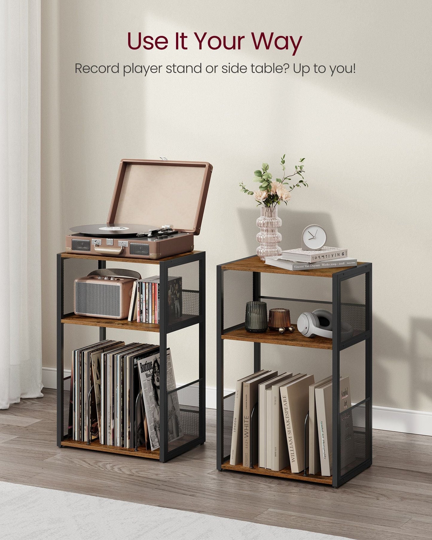 3-Tier Side Table, Vinyl Record Storage up to 100 Albums