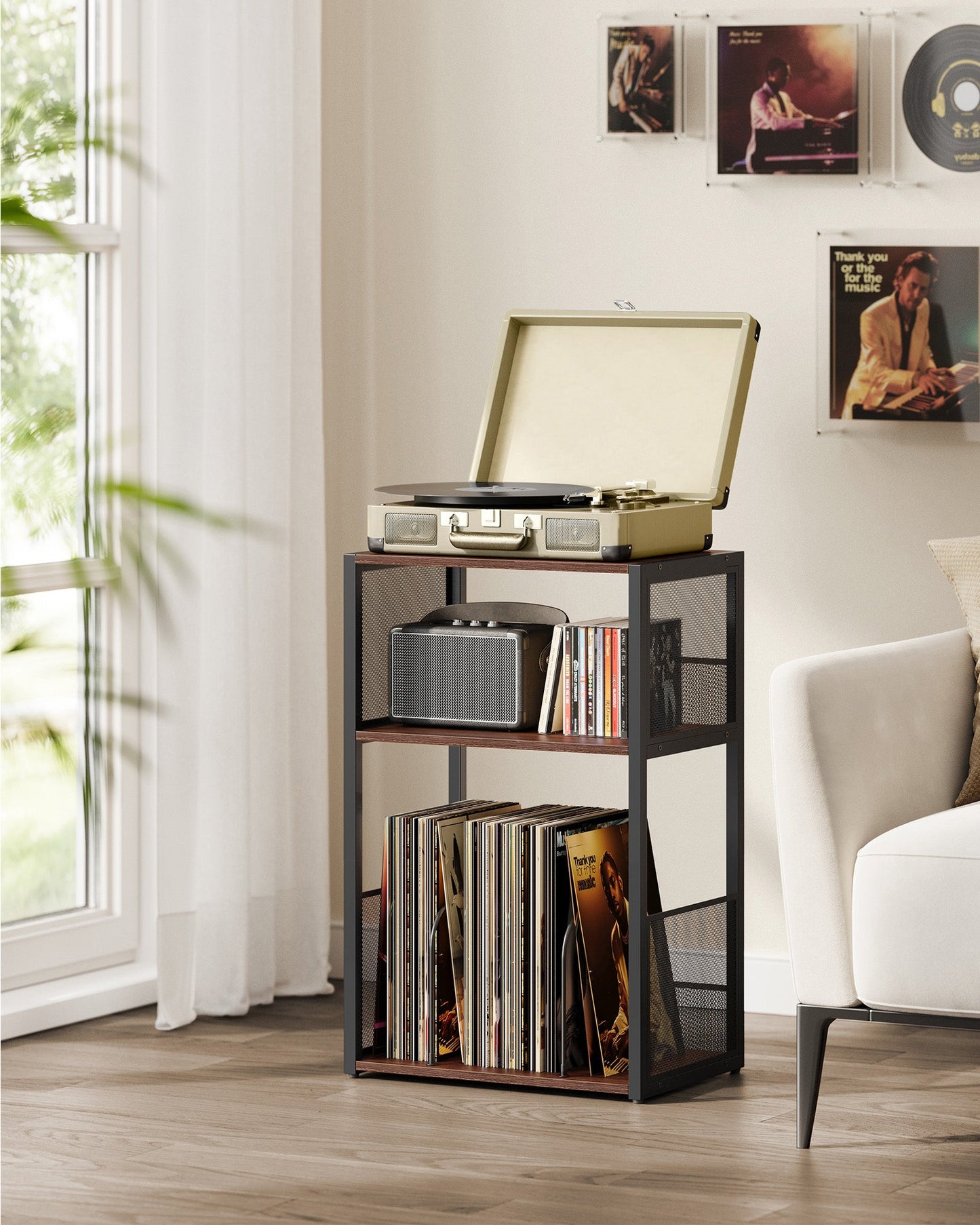 3-Tier Side Table, Vinyl Record Storage up to 100 Albums