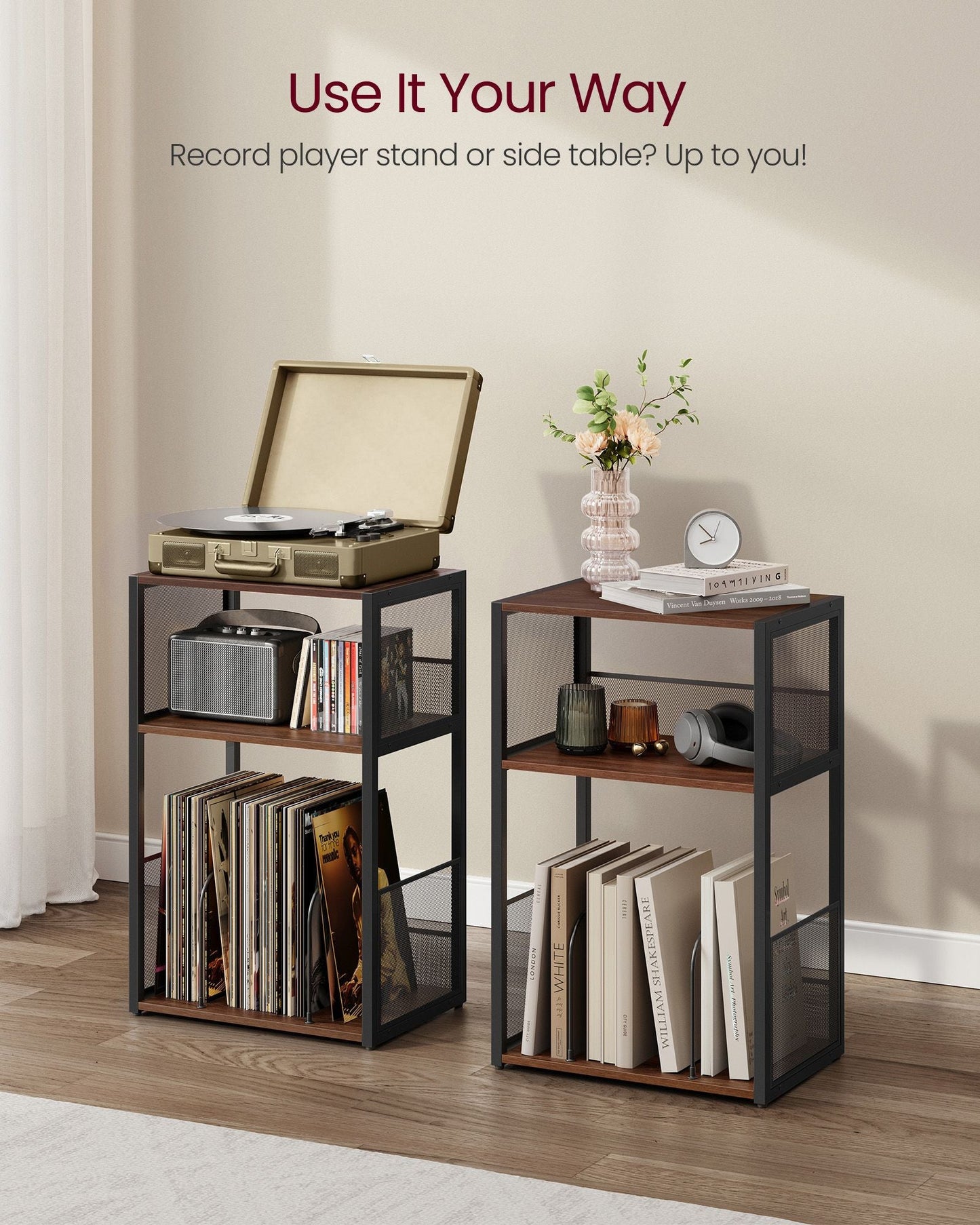 3-Tier Side Table, Vinyl Record Storage up to 100 Albums