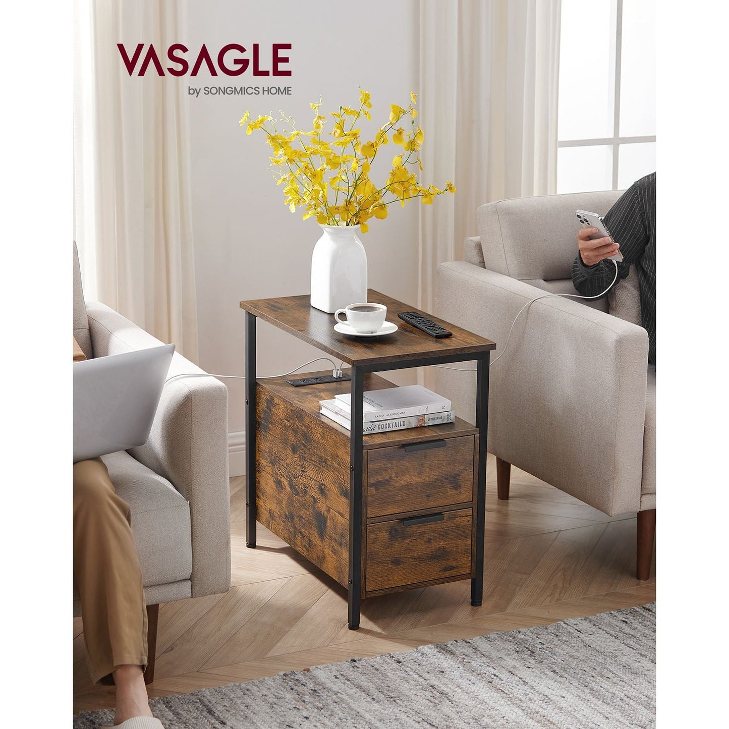 Narrow End Table with Charging Station and 2 Drawers