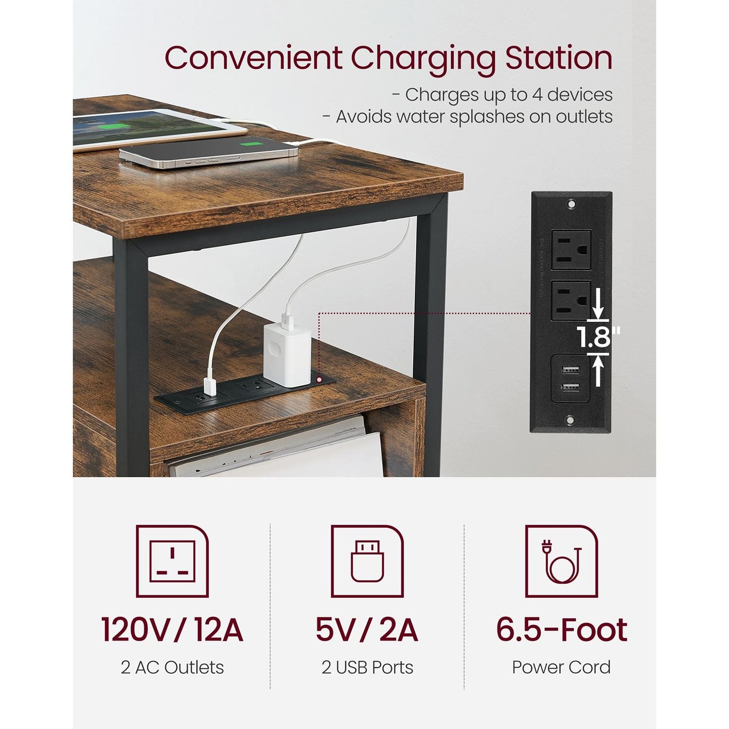 Narrow End Table with Charging Station and 2 Drawers