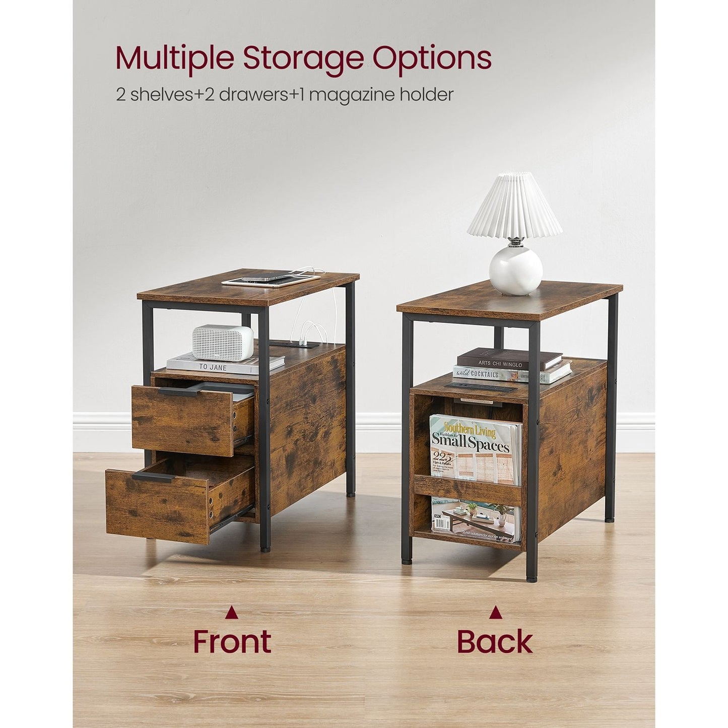 Narrow End Table with Charging Station and 2 Drawers