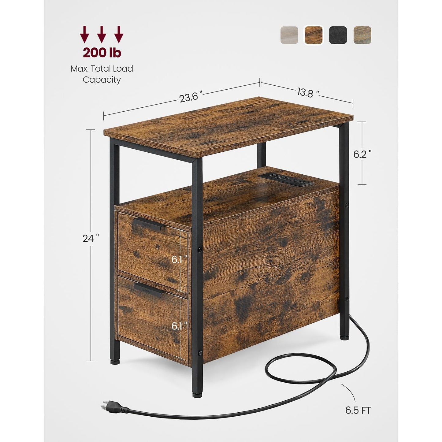 Narrow End Table with Charging Station and 2 Drawers