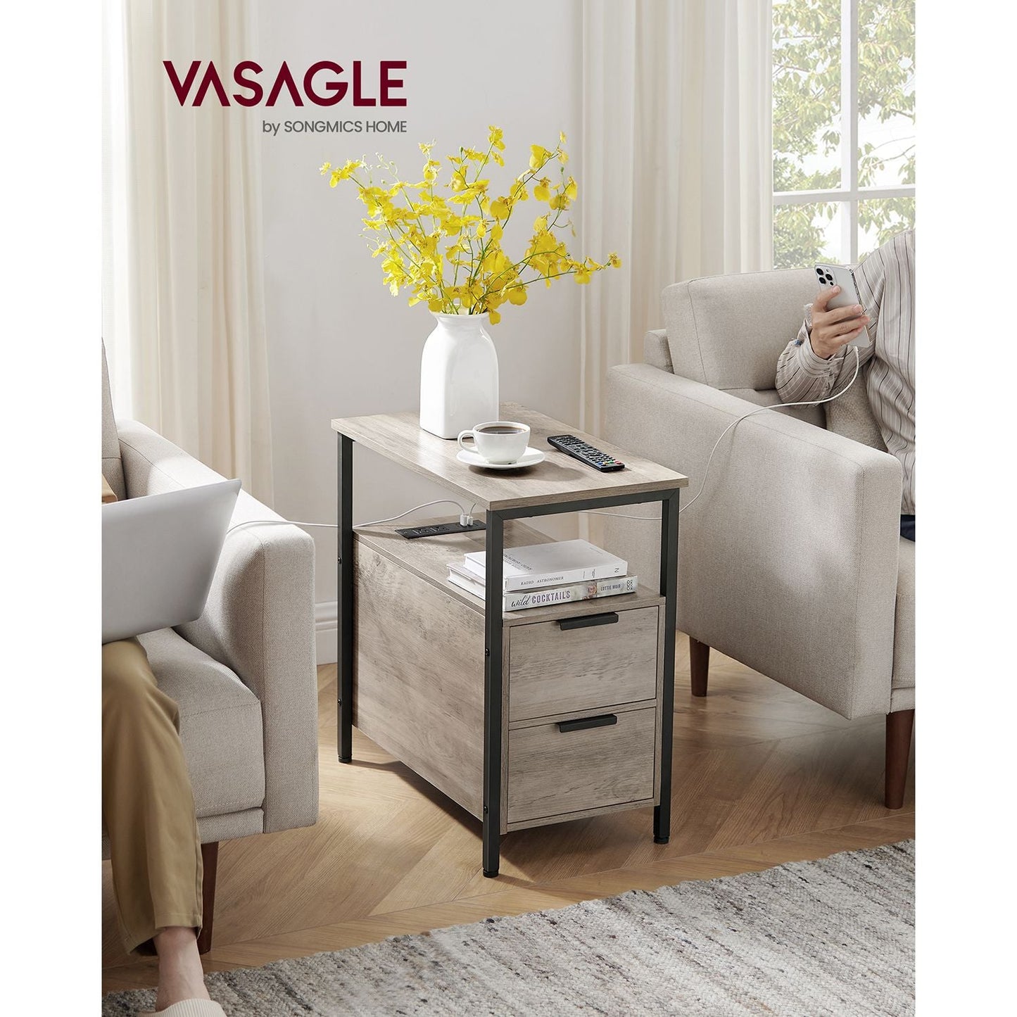 Narrow End Table with Charging Station and 2 Drawers