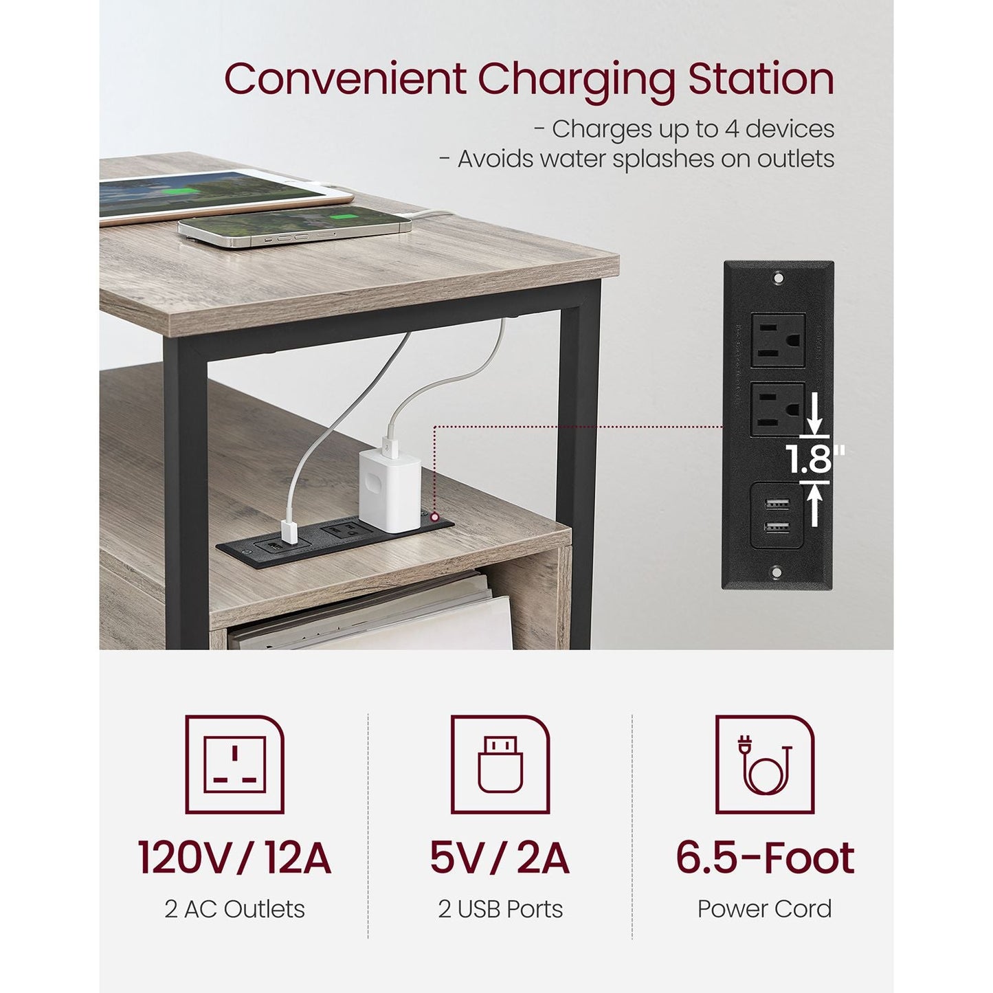 Narrow End Table with Charging Station and 2 Drawers