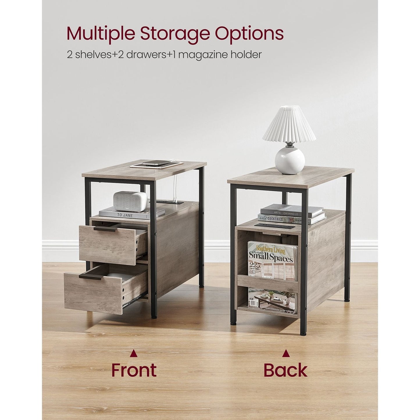 Narrow End Table with Charging Station and 2 Drawers