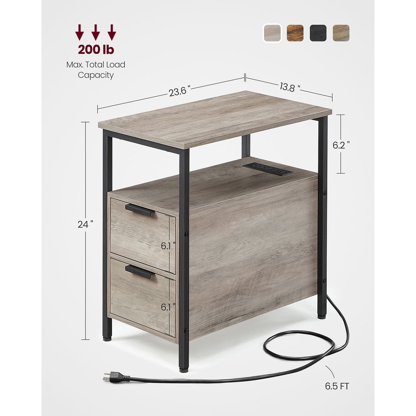 Narrow End Table with Charging Station and 2 Drawers