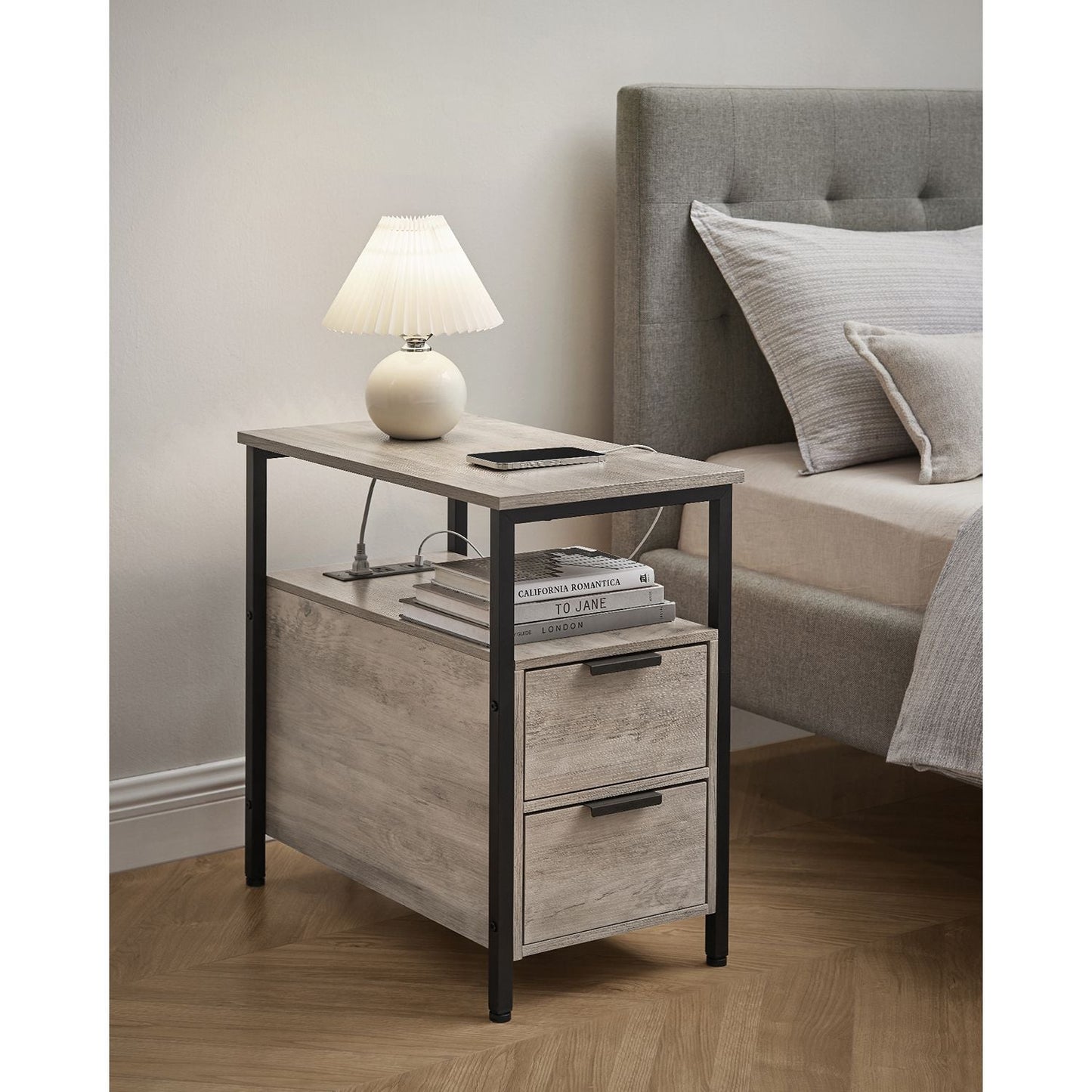 Narrow End Table with Charging Station and 2 Drawers