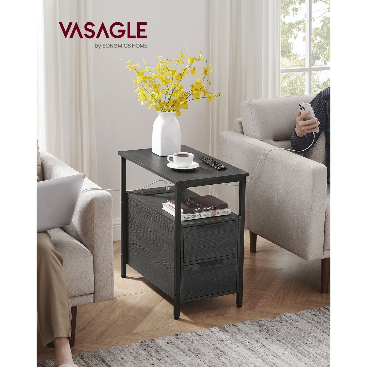 Narrow End Table with Charging Station and 2 Drawers
