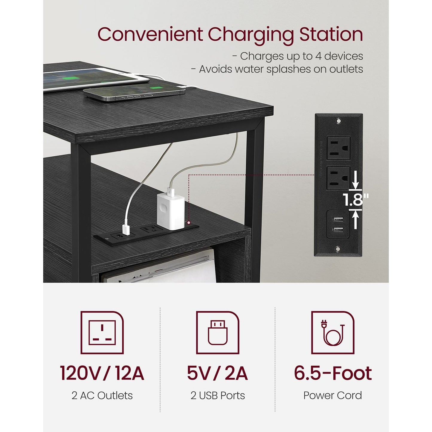 Narrow End Table with Charging Station and 2 Drawers