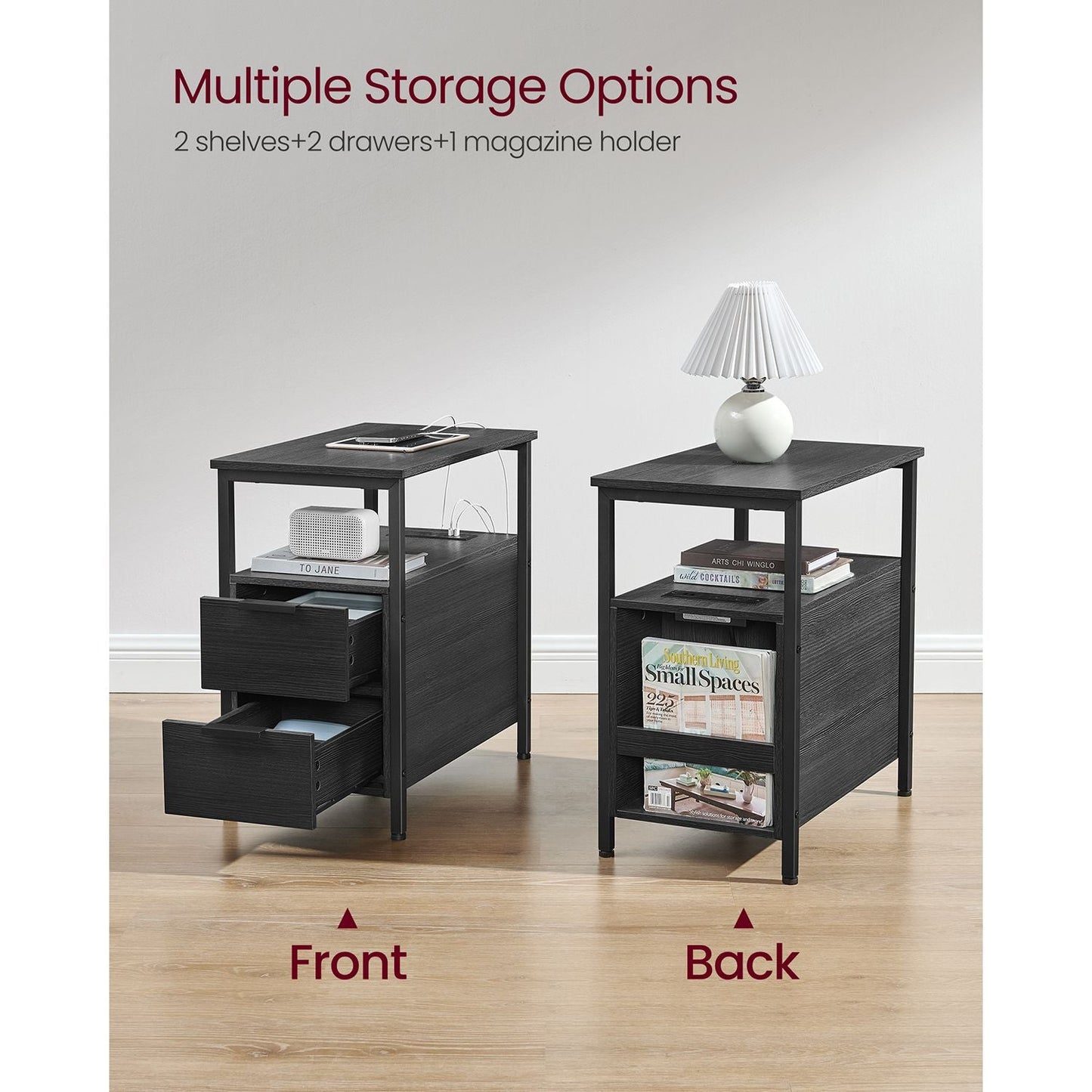 Narrow End Table with Charging Station and 2 Drawers