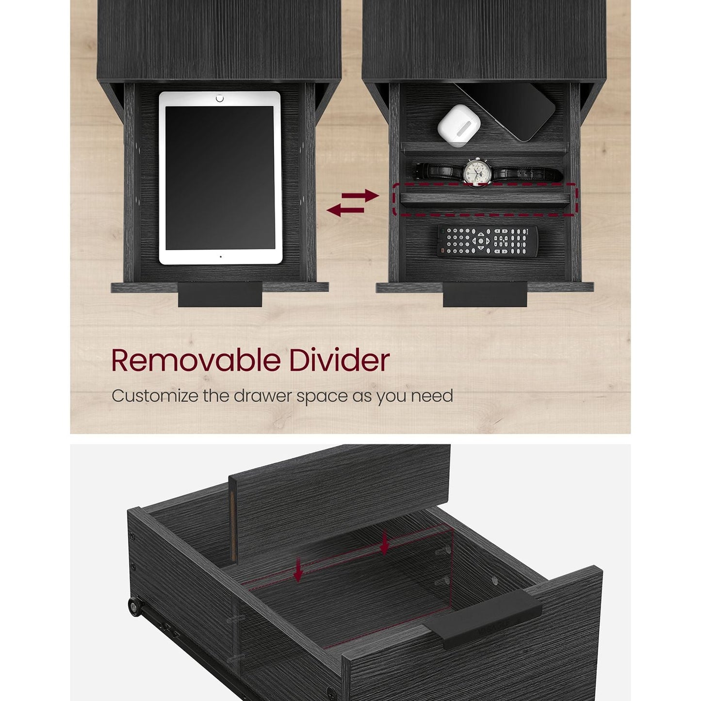 Narrow End Table with Charging Station and 2 Drawers