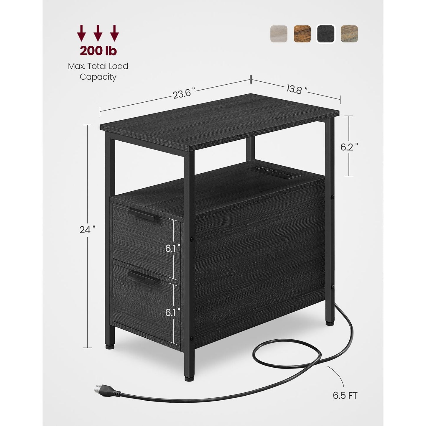 Narrow End Table with Charging Station and 2 Drawers