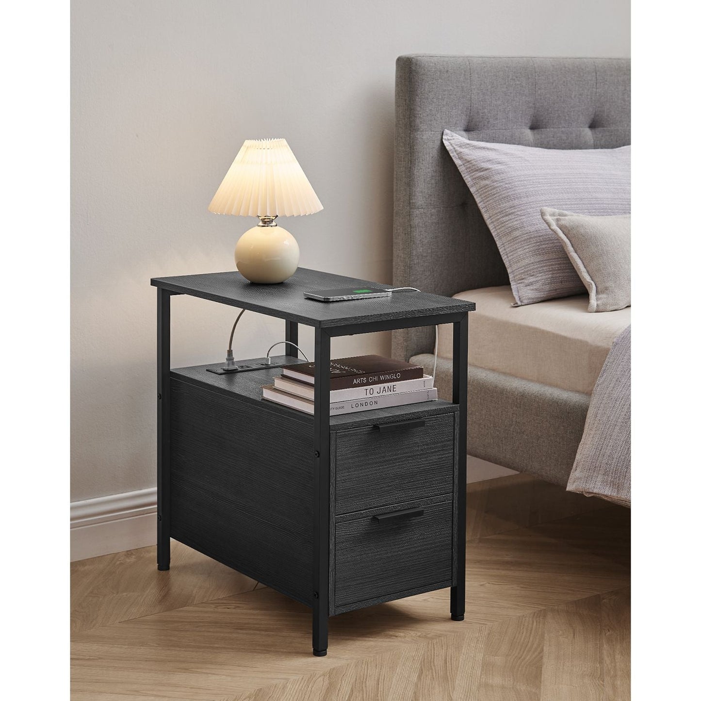 Narrow End Table with Charging Station and 2 Drawers