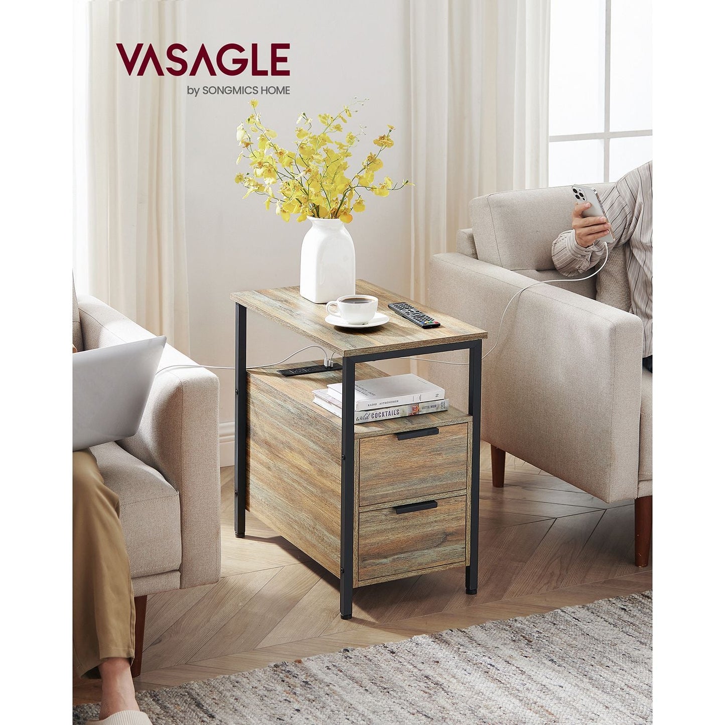 Narrow End Table with Charging Station and 2 Drawers