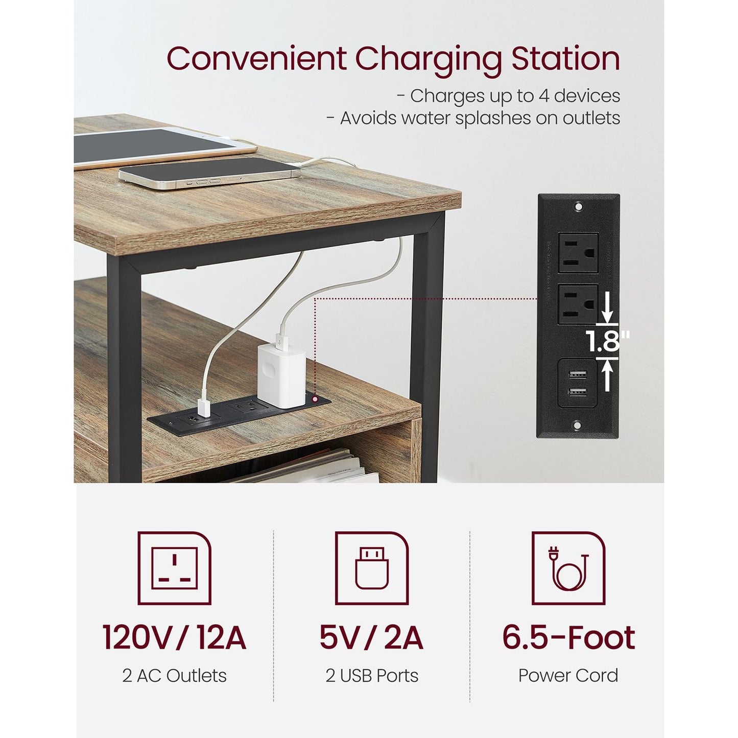 Narrow End Table with Charging Station and 2 Drawers