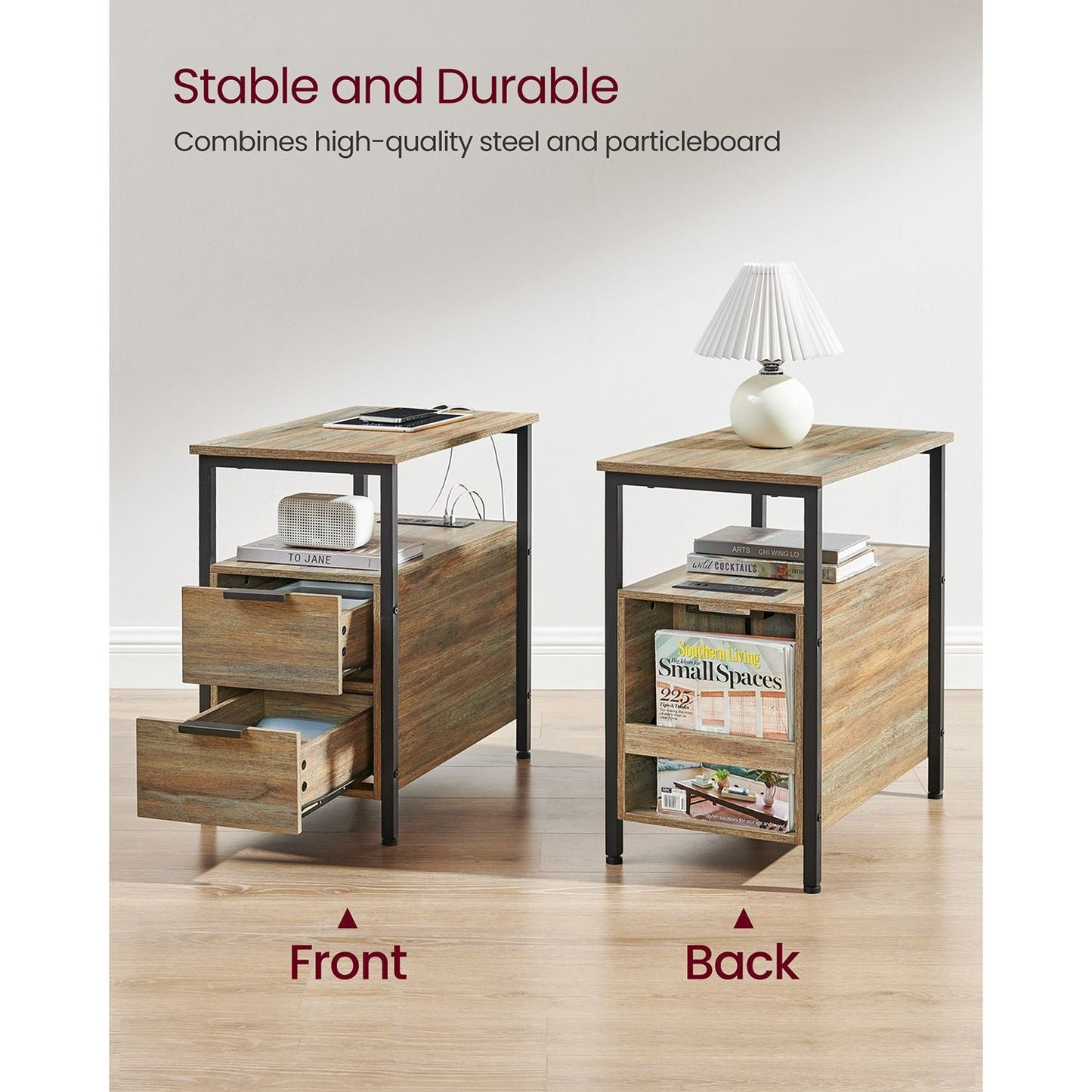 Narrow End Table with Charging Station and 2 Drawers