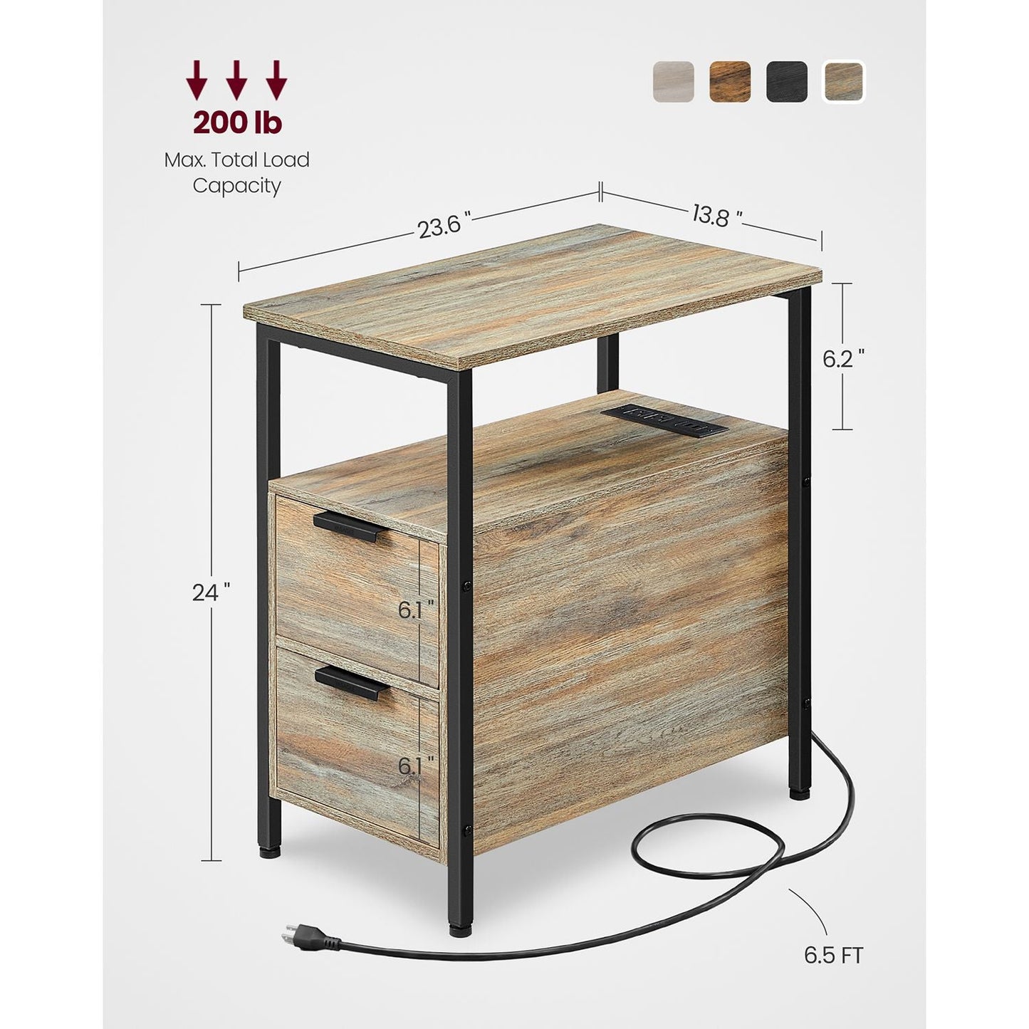 Narrow End Table with Charging Station and 2 Drawers