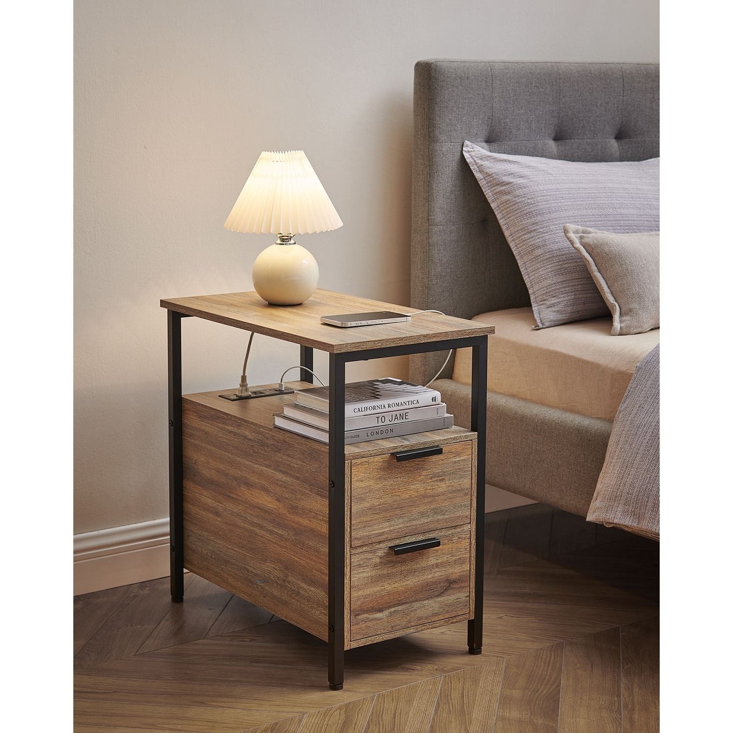 Narrow End Table with Charging Station and 2 Drawers