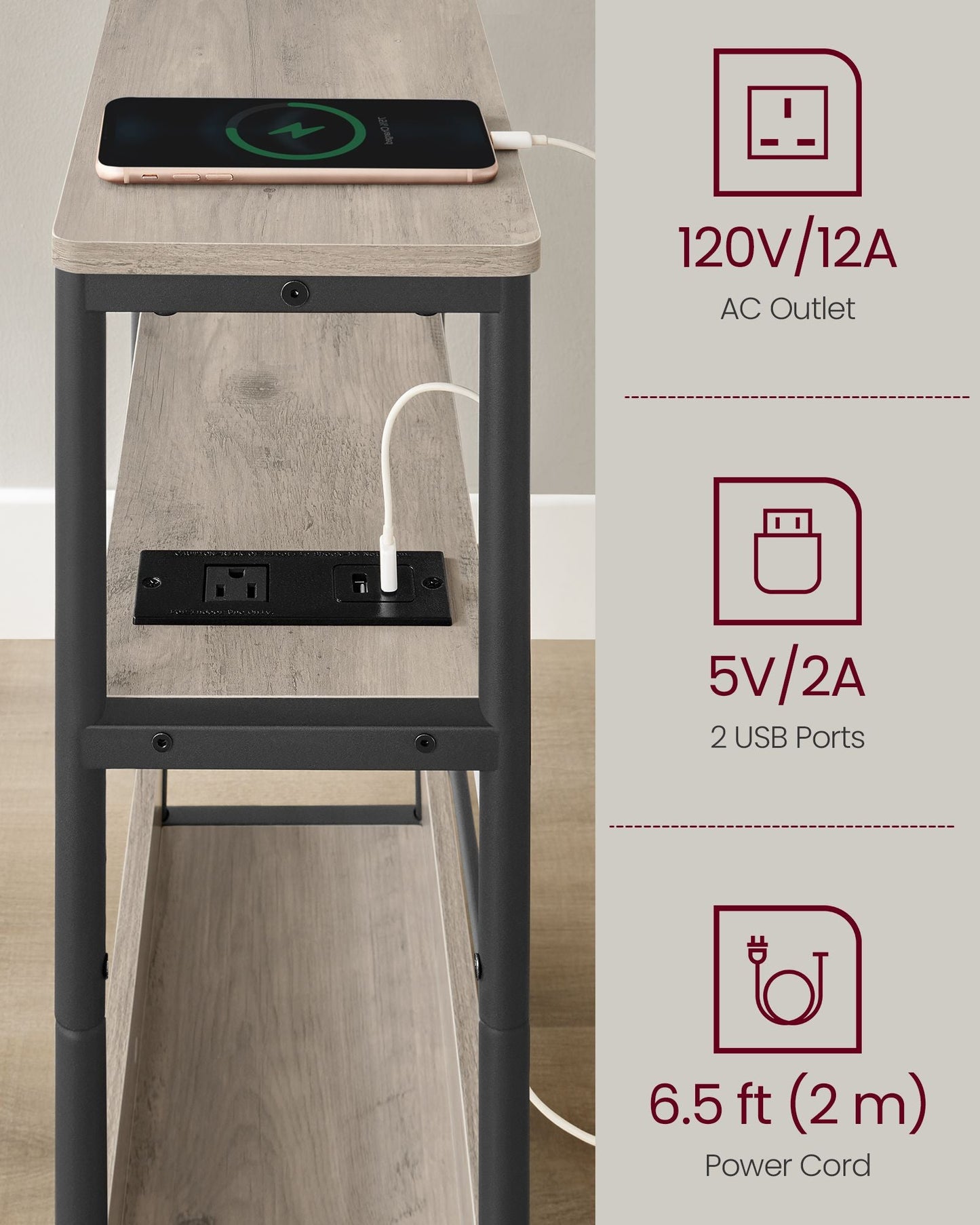 Narrow Side Table with Charging Station