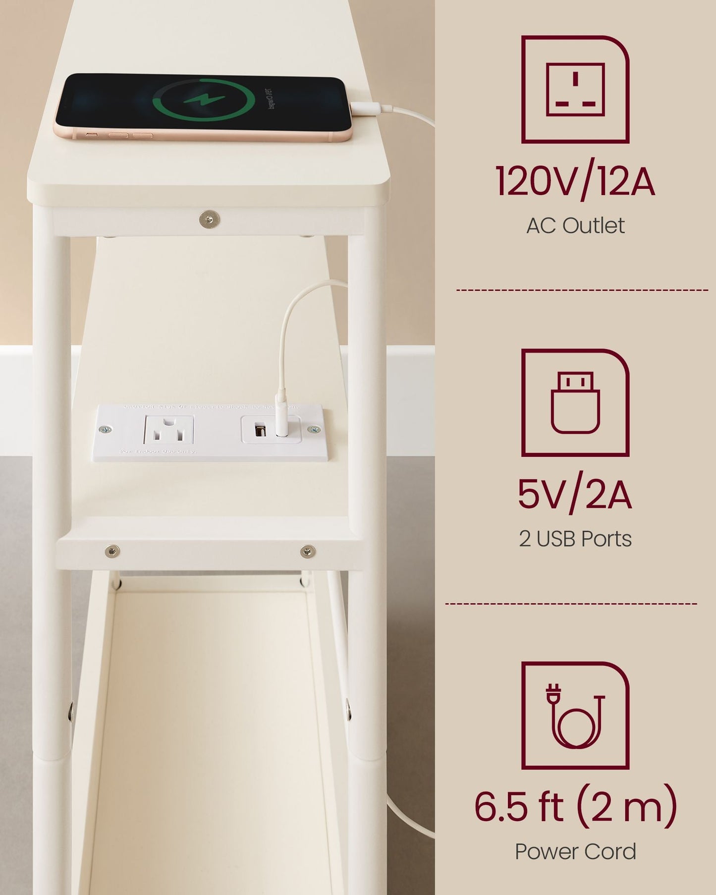 Narrow End Table with Charging Station