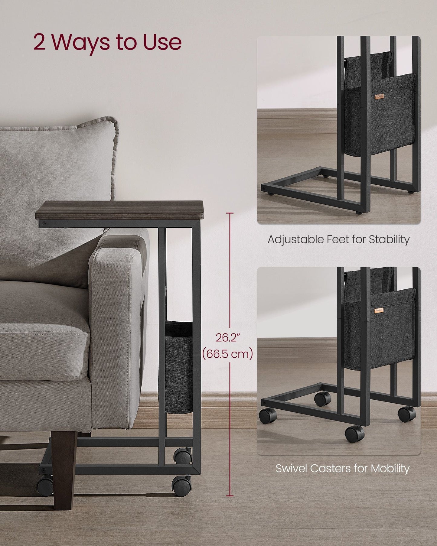 C-Shaped Side Table with Wheels