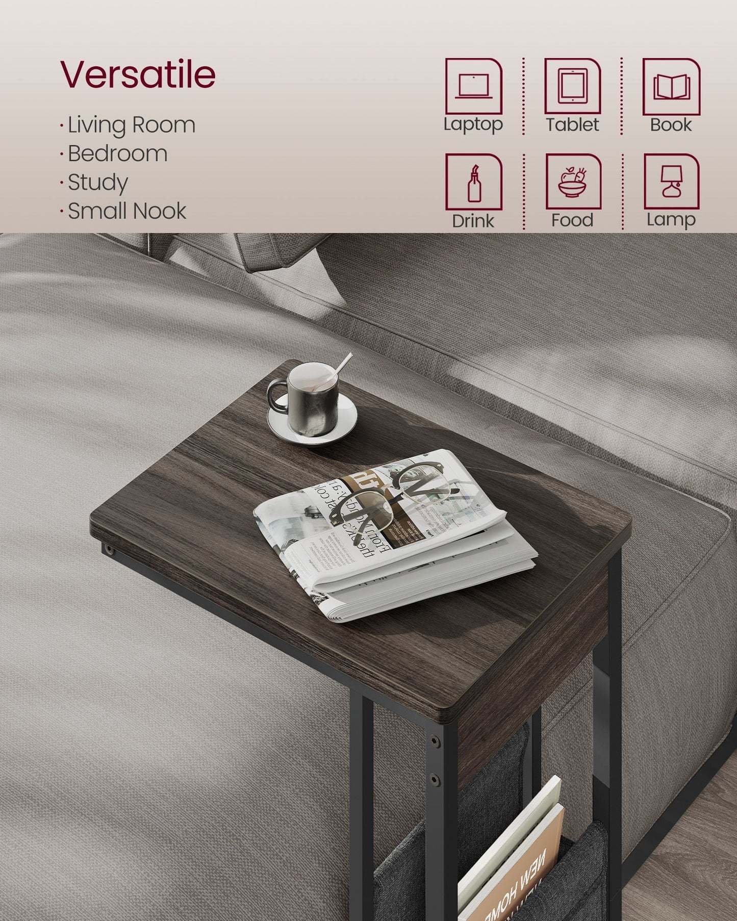 C-Shaped Side Table with Wheels
