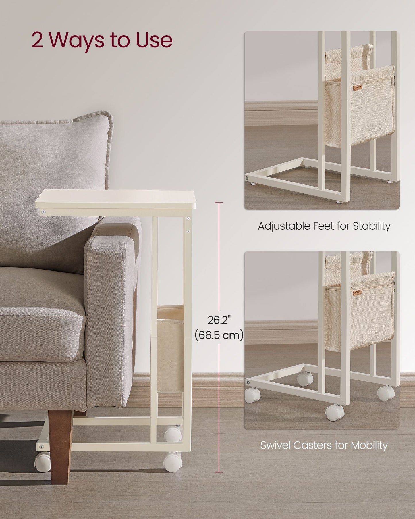 C-Shaped Side Table with Wheels