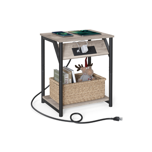 Side Table with Charging Station, End Table with USB Ports and Outlets, Nightstand for Living Room, Bedroom, Plug-in Series, Greige and Black