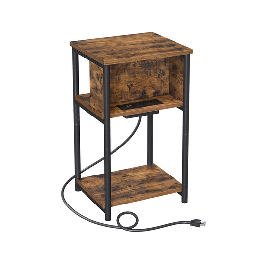 Side Table with Charging Station, 3-Tier End Table with USB Ports and Outlets, Nightstand for Living Room, Bedroom, 11.8 x 13.4 x 22.8 Inches, Plug-In Series, Rustic Brown and Black
