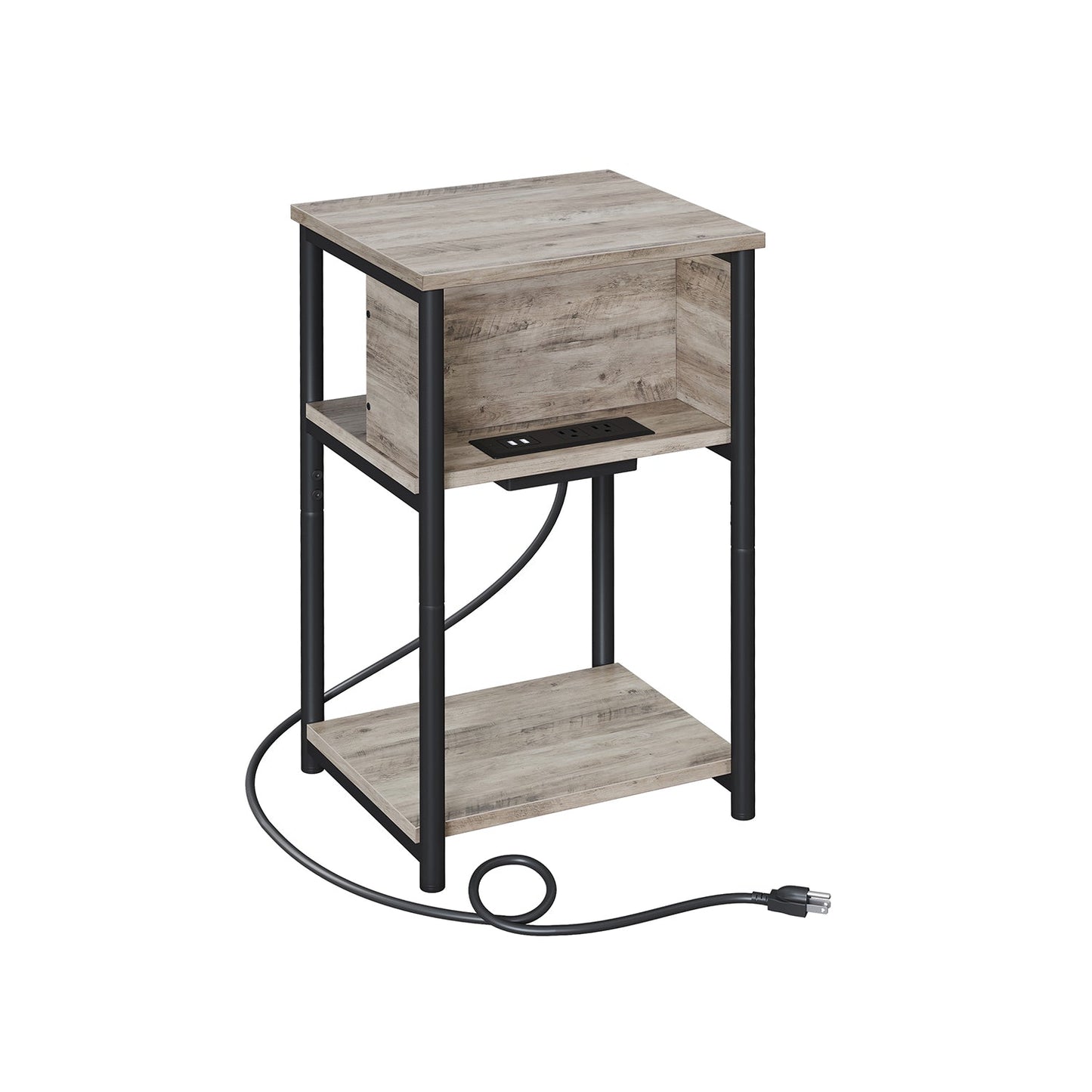 Side Table with Charging Station, 3-Tier End Table with USB Ports and Outlets, Nightstand for Living Room, Bedroom, 11.8 x 13.4 x 22.8 Inches, Plug-in Series, Greige and Black