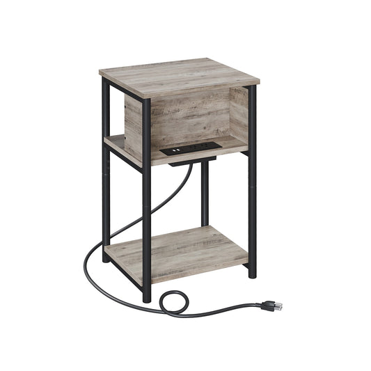 Side Table with Charging Station, 3-Tier End Table with USB Ports and Outlets, Nightstand for Living Room, Bedroom, 11.8 x 13.4 x 22.8 Inches, Plug-in Series, Greige and Black