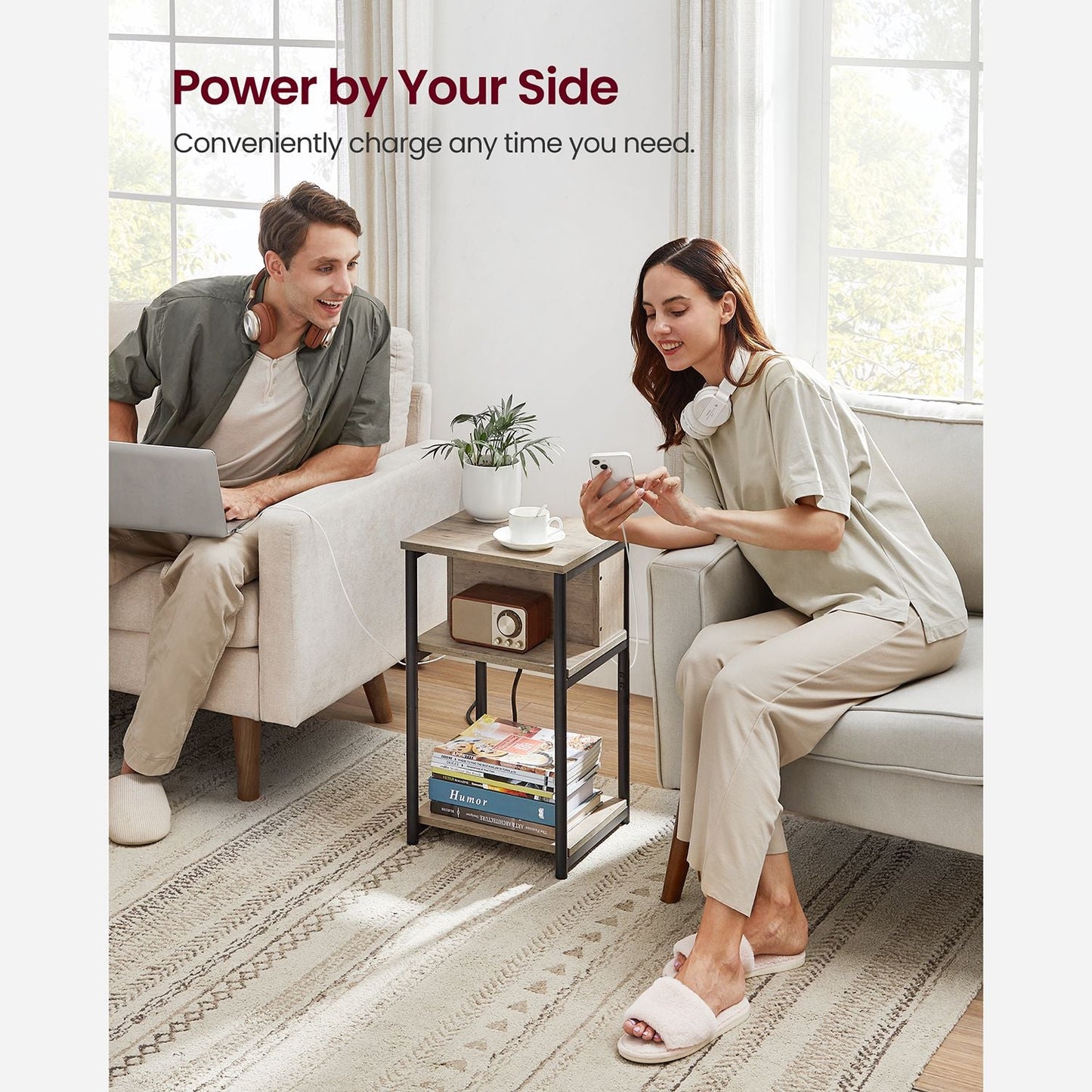 Side Table with Charging Station, 3-Tier End Table with USB Ports and Outlets, Nightstand for Living Room, Bedroom, 11.8 x 13.4 x 22.8 Inches, Plug-in Series, Greige and Black