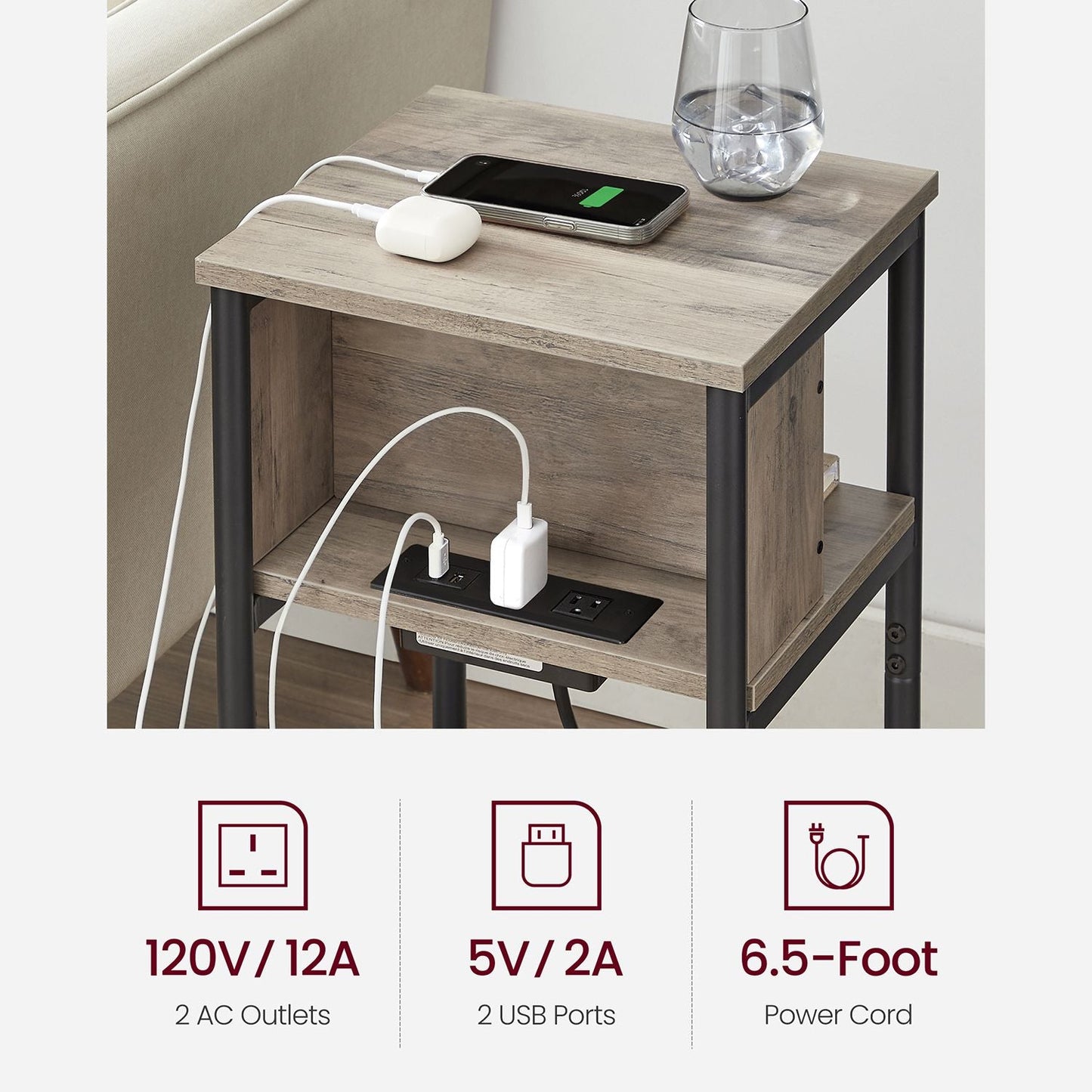 Side Table with Charging Station, 3-Tier End Table with USB Ports and Outlets, Nightstand for Living Room, Bedroom, 11.8 x 13.4 x 22.8 Inches, Plug-in Series, Greige and Black